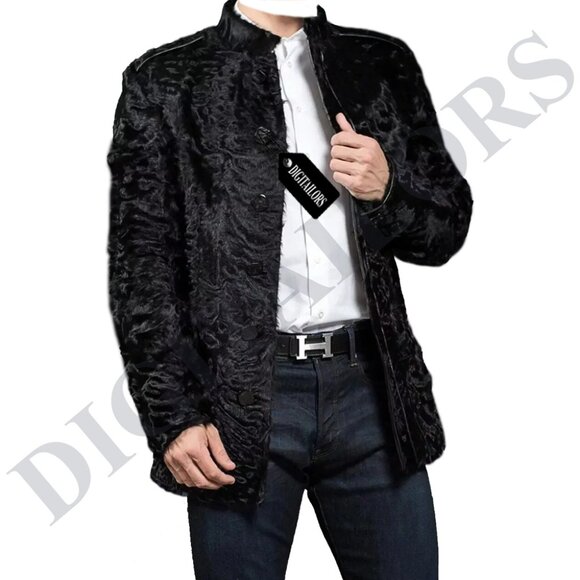 Men's Real Astrakhan Fur Jacket Black Real Karakul Persian Lamb Fur Coat
